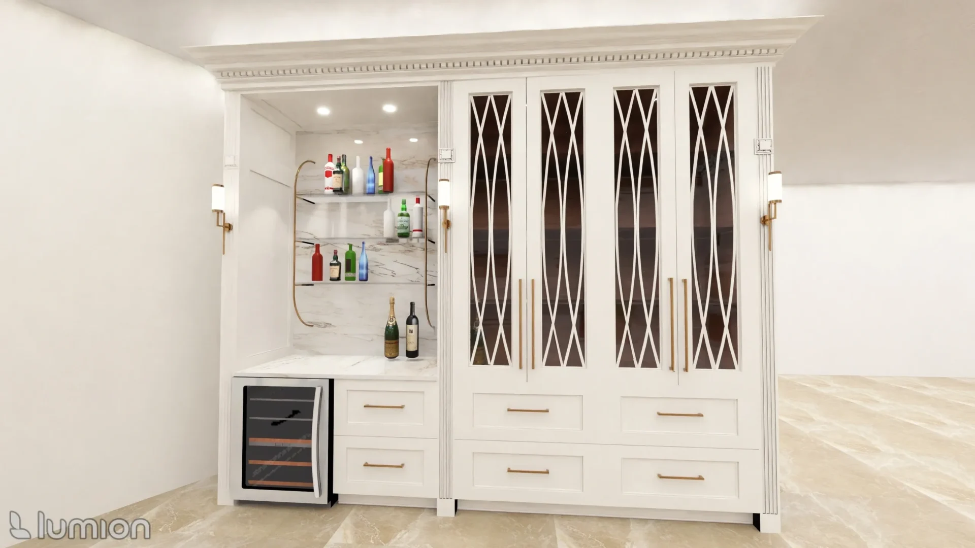 A wine cooler and cabinets in the kitchen