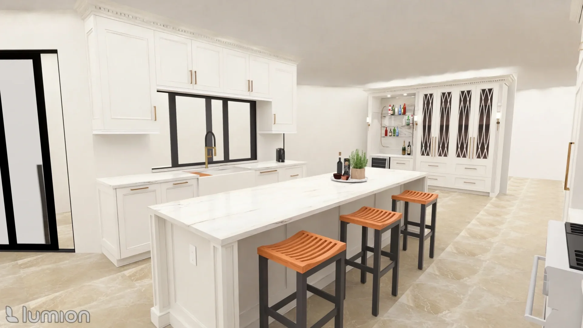 A kitchen with white cabinets and a bar.