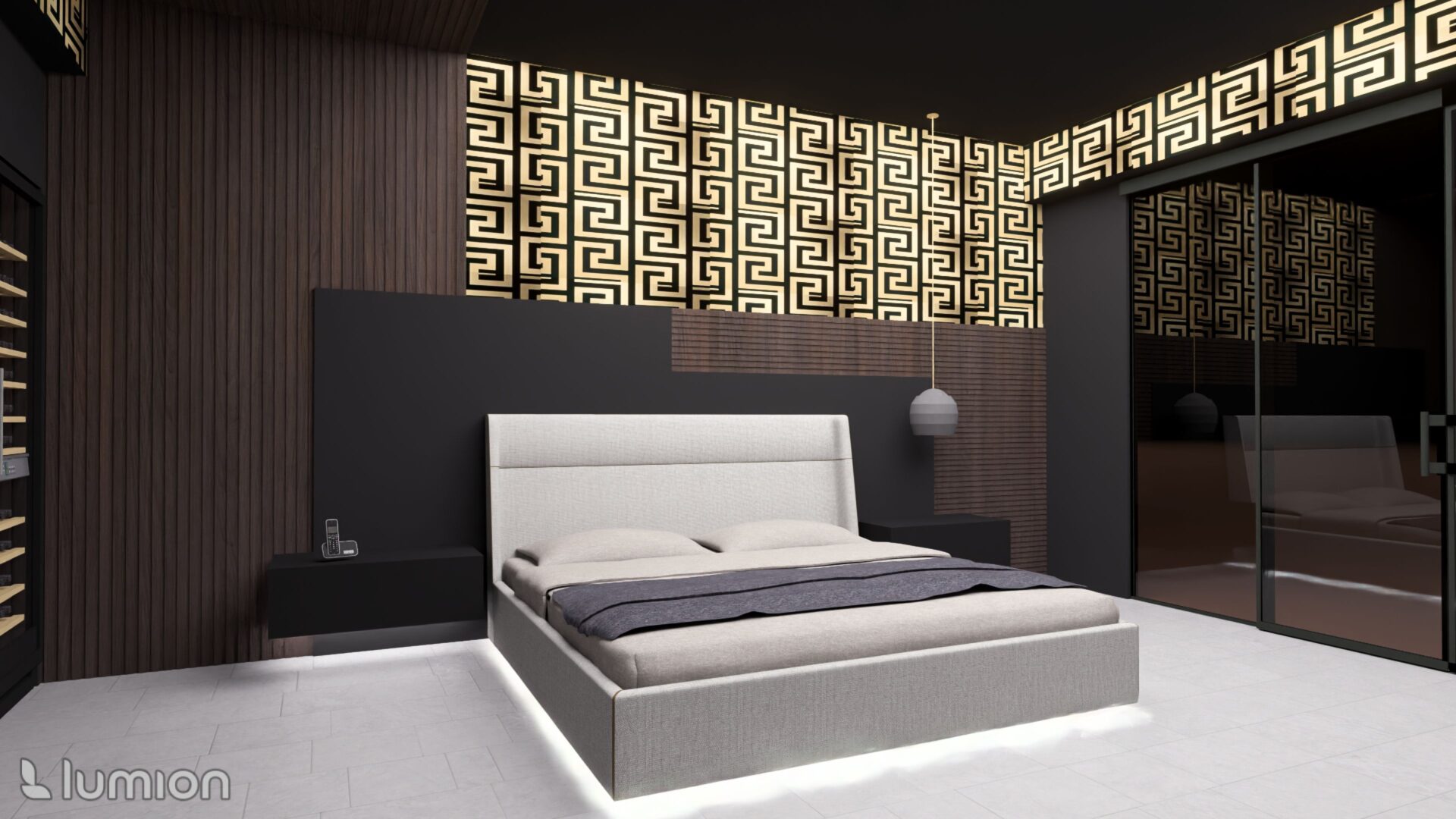 A bed room with a white and black theme
