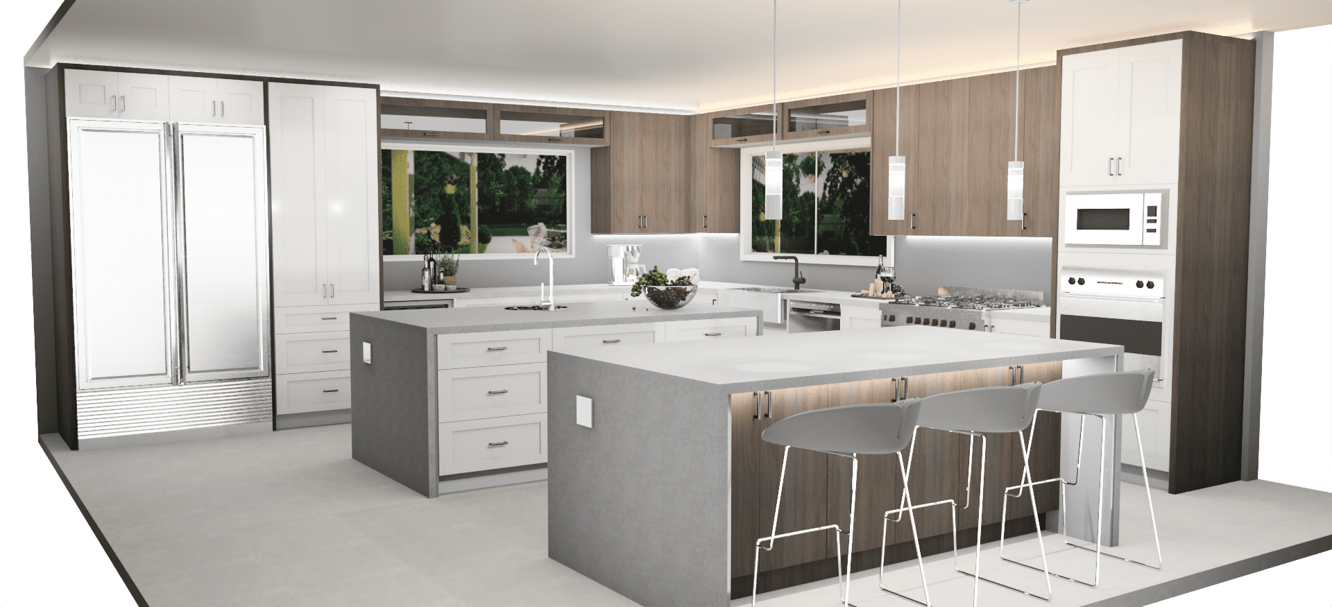 A kitchen with two sinks and a large island.