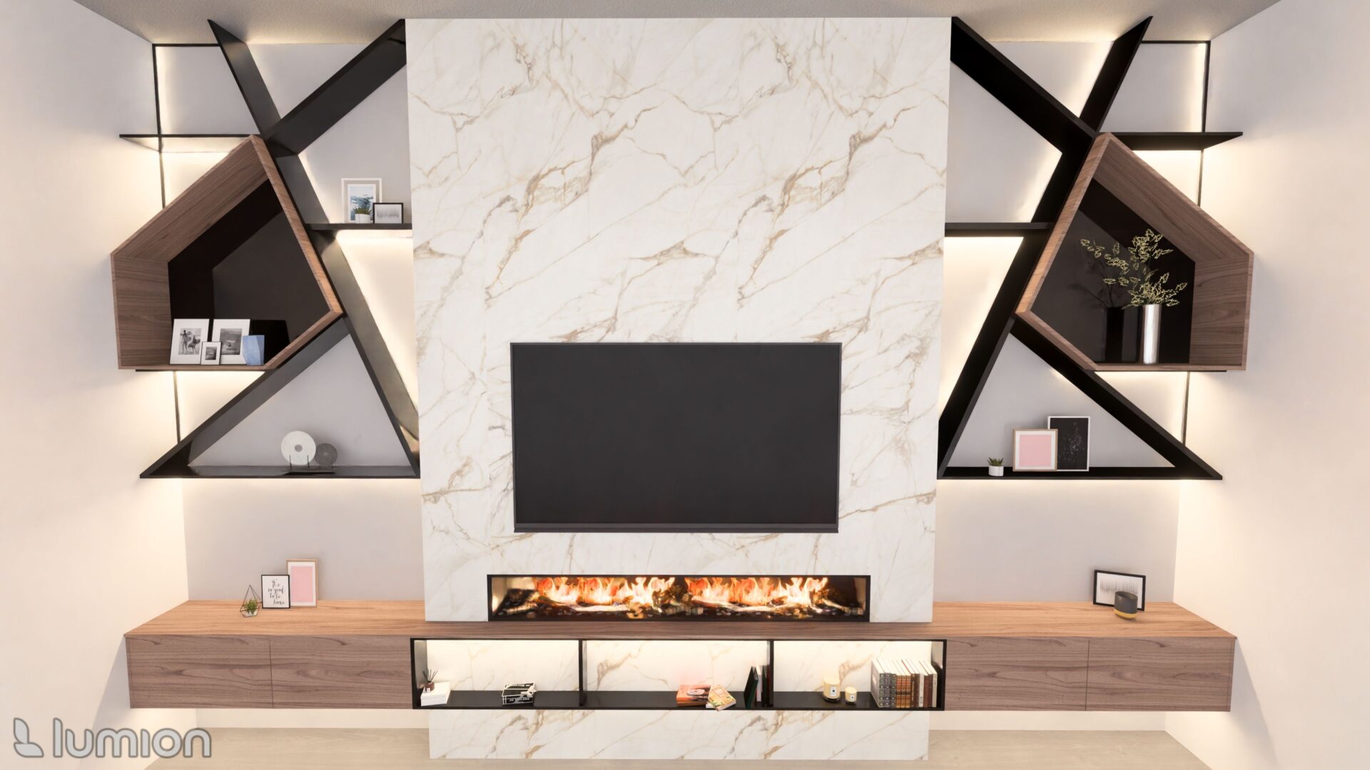 A fireplace with a television mounted above it.