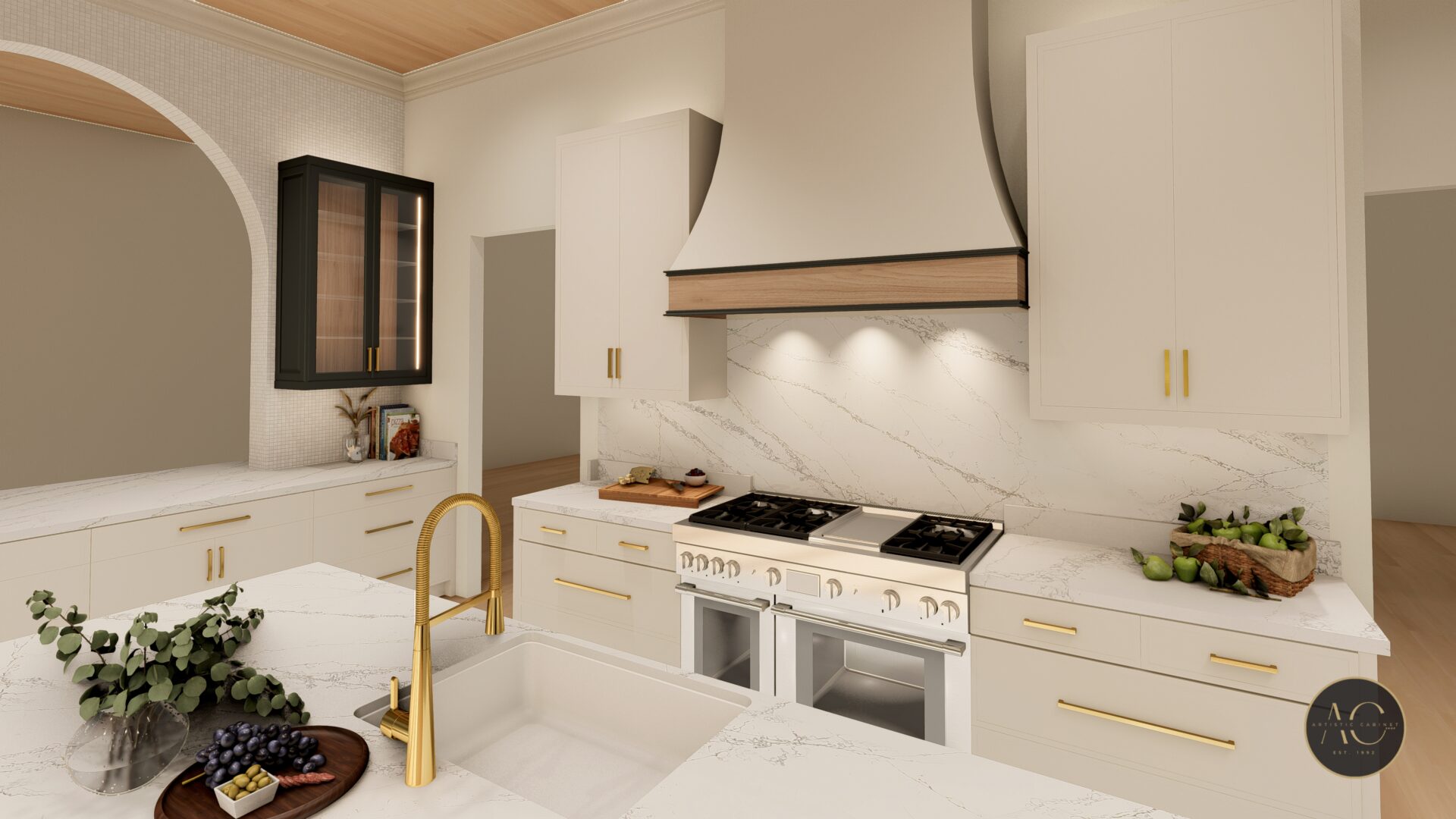 Modern white kitchen with gold fixtures