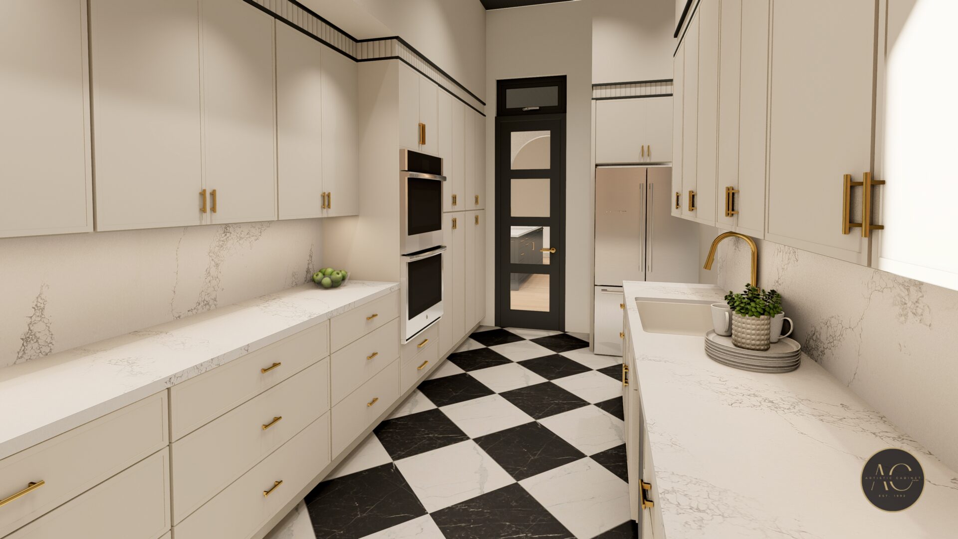Modern white galley kitchen with checkerboard floor
